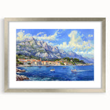 Framed wall art collection featuring a serene harbor landscape design with a silver mat and frame, ideal for enhancing modern home decor.