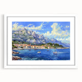 Framed wall art showcasing a serene harbor landscape design, featuring a white mat and sleek frame, ideal for home decor enhancement. The tranquil scene evokes a sense of calm and sophistication, perfect for living rooms or offices.