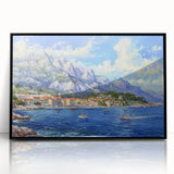 Framed acrylic wall art featuring a serene harbor landscape design, highlighted by a black frame. Perfect for home decor, adding elegance and tranquility to any space.