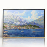 Framed acrylic wall art collection showcasing a vibrant harbor landscape design with gold accents, perfect for enhancing modern home decor or office spaces.