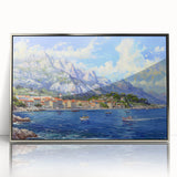 Framed acrylic wall art collection showcasing a serene harbor landscape design with silver accents, perfect for modern home decor or office spaces.