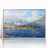 Framed acrylic wall art showcasing a serene harbor landscape design, featuring calming blue tones and intricate details, ideal for home decor enhancement.