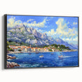 Framed wall art canvas depicting a serene harbor landscape design, featuring vibrant colors with a black frame, perfect for enhancing home decor.