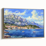 Framed canvas wall art showcasing a modern landscape harbor design with gold accents. The artwork features serene water reflections and soft color gradients, ideal for enhancing contemporary home decor.