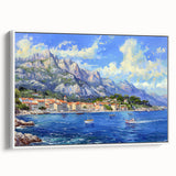 Framed canvas wall art depicting a serene harbor landscape design with vibrant colors and intricate details, showcasing a white frame from a side view. Ideal for enhancing home decor.