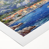 Abstract landscape harbor design rolled canvas wall art featuring vibrant blues and greens, highlighting serene water reflections and coastal scenery, ideal for home decor.