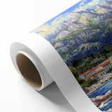 Rolled canvas artwork showcasing a serene harbor landscape design with vibrant colors, ideal for home decor. Packaged securely in a protective tube for safe delivery.