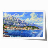Vibrant landscape harbor wall art design showcasing serene blue waters and lush green hills, rolled for easy shipping and display in a stylish home decor setting.