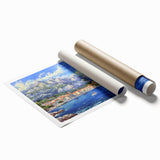 Vibrant rolled print of a serene harbor landscape showcasing colorful boats and tranquil waters, ideal for home decor and artistic ambiance. The artwork emphasizes calming blues and warm sunset tones, perfect for enhancing any living space.