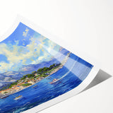 Rolled print showcasing a serene harbor landscape design in soft blues and greens, perfect for adding a calming atmosphere to home decor. Ideal for art enthusiasts seeking coastal-inspired wall art.