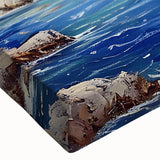 Close-up of a stretched canvas wall art piece showcasing a vibrant harbor landscape design in blues and greens, ideal for home decor and nautical themes.