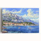 Stretched canvas wall art collection showcasing a serene harbor landscape, featuring vibrant colors and intricate details, ideal for home decor enhancement.