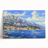 Stretched canvas wall art showcasing a serene harbor landscape design, featuring calming blue and green hues, perfect for home decor and relaxation.