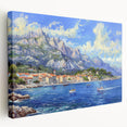Stretched canvas wall art showcasing a serene harbor landscape design, featuring vibrant colors and intricate details, perfect for home decor enhancement.