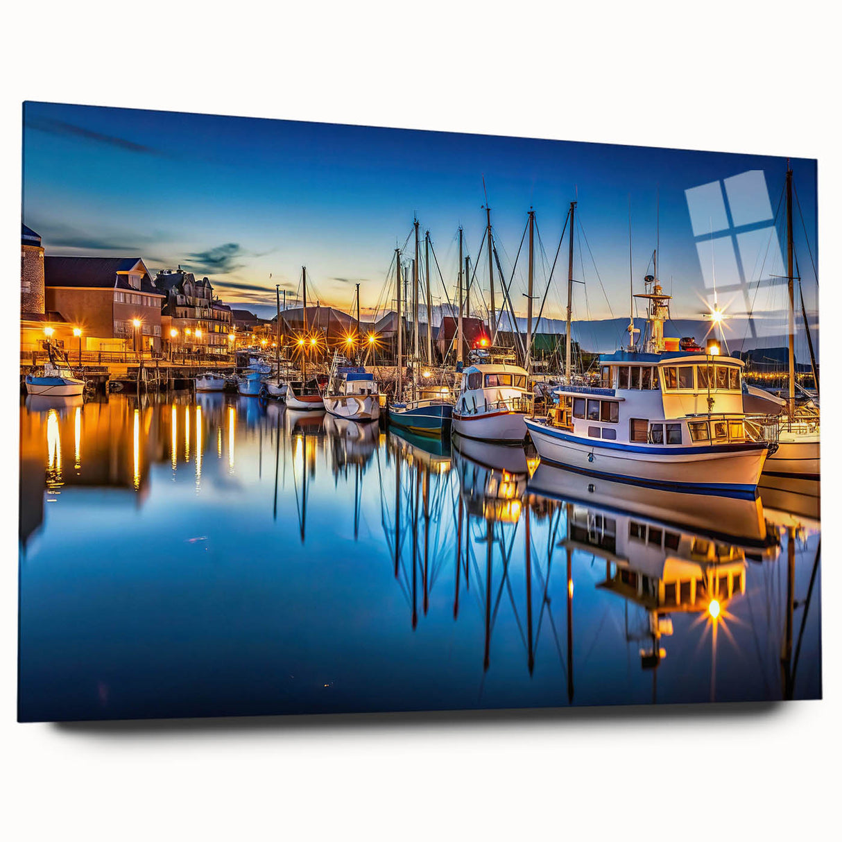Acrylic glass wall art featuring a vibrant harbor landscape design, showcasing rich colors and intricate details, perfect for modern home decor.