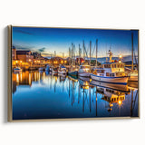 Framed canvas wall art showcasing a serene harbor landscape design, featuring vibrant colors and a gold frame, perfect for enhancing home decor aesthetics.