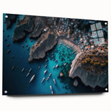 Acrylic glass wall art featuring a modern harbor landscape design, side view showcasing vivid colors and intricate details, ideal for contemporary home decor.