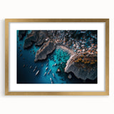 Framed wall art featuring a serene harbor landscape with gold matting, designed to enhance home decor. Perfect for coastal-themed interiors or art collectors.