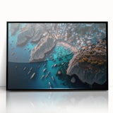 Framed acrylic wall art featuring a serene harbor landscape design with vibrant colors, elegantly displayed in a sleek black frame, perfect for modern home decor.