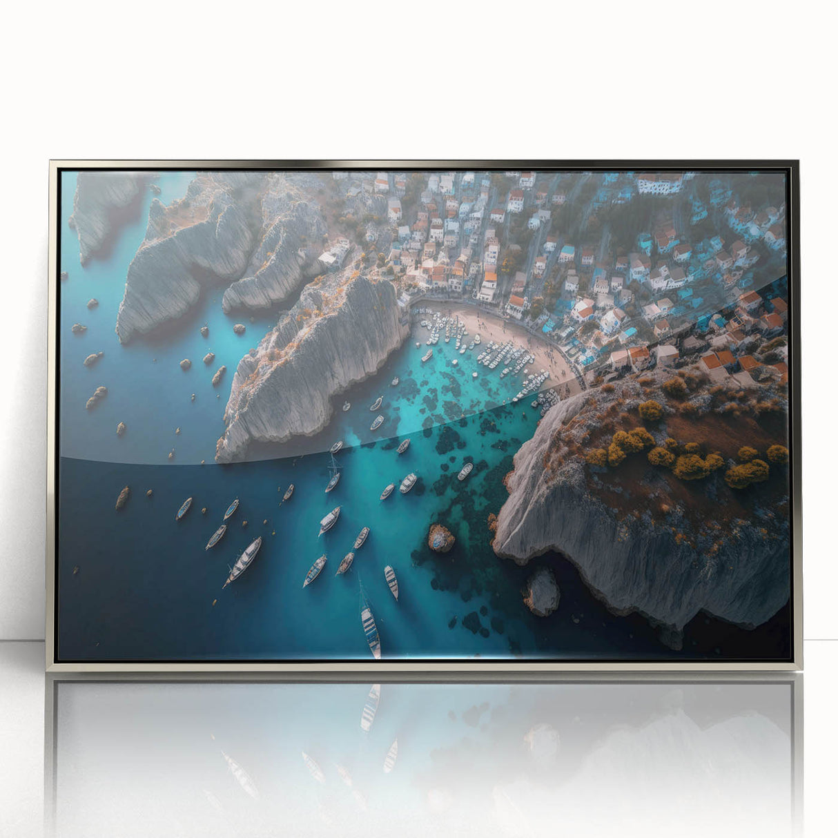 Framed acrylic wall art showcasing a serene harbor landscape design with silver accents, ideal for modern home decor, enhancing any living space with elegance.