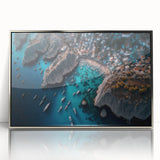 Framed acrylic wall art showcasing a serene harbor landscape design with silver accents, ideal for modern home decor, enhancing any living space with elegance.