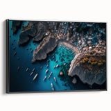 Framed canvas wall art depicting a serene harbor landscape design with vibrant colors, showcasing a black frame and side view for modern decor appeal.