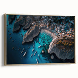 Framed canvas wall art depicting a serene harbor landscape with golden accents, showcasing intricate details and vibrant colors, perfect for coastal-themed decor.