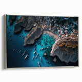 Framed canvas wall art showcasing a serene harbor landscape design with vibrant colors and silver frame, ideal for home decor in modern interiors.