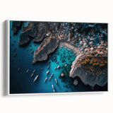 Framed canvas wall art showcasing a serene harbor landscape design with vibrant colors and intricate details, displayed against a white background for a modern aesthetic.