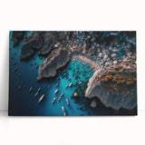 Stretched canvas wall art featuring a serene harbor landscape with vibrant colors, leaning against a neutral wall, perfect for home decor and ambiance enhancement.