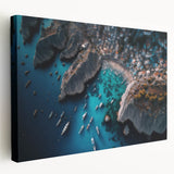 Stretched canvas wall art showcasing a serene harbor landscape in vibrant blues and greens, perfect for enhancing home decor with a tranquil coastal vibe.