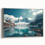 Framed canvas wall art showcasing a coastal harbor landscape in serene tones of blue and grey, with a sleek silver frame, perfect for modern home decor.