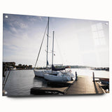 Acrylic glass wall art showcasing a vibrant harbor landscape design, viewed from the side with decorative pins, ideal for enhancing modern interior decor.