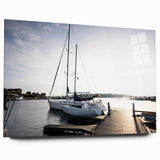 Acrylic glass wall art piece showcasing a vibrant harbor landscape design, featuring a side view without pins, perfect for adding a modern touch to home decor.