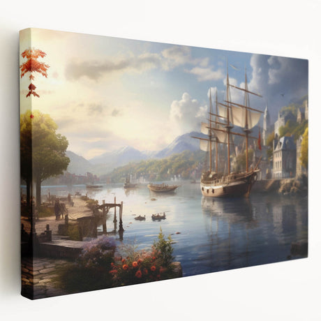 Stretched canvas wall art showcasing a serene harbor landscape design in vibrant colors, ideal for enhancing home decor with a calming coastal vibe.
