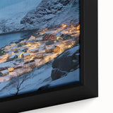 Close-up of a framed canvas showcasing a serene harbor landscape design, featuring calming blues and greens, perfect for home decor or office art collection.