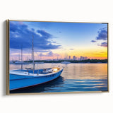 Framed canvas wall art showcasing a serene harbor landscape design with elegant gold accents, ideal for enhancing modern home décor. This piece captures the tranquil essence of coastal views.