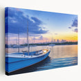 Stretched canvas wall art showcasing a serene harbor landscape design, featuring calming blue tones and intricate details, perfect for modern home decor.