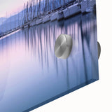 Close-up of a vibrant acrylic glass wall art piece showcasing a serene harbor landscape, featuring rich blues and greens, perfect for enhancing home décor.