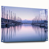 Acrylic glass wall art collection featuring a vibrant harbor landscape design, showcasing rich colors and intricate details, displayed from a side view with mounting pins. Perfect for enhancing modern home decor.