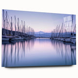 Acrylic glass wall art collection showcasing a vibrant harbor landscape design, displayed without pins, highlighting the vivid colors and serene ambiance of the scene.
