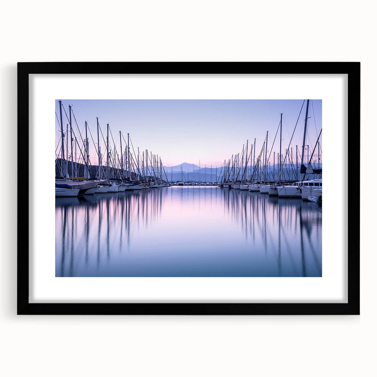 Framed black wall art featuring a serene harbor landscape design with a white mat, ideal for modern home decor and enhancing living spaces.