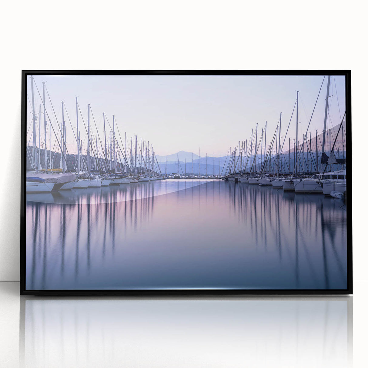 Framed acrylic wall art collection featuring a serene harbor landscape design, showcasing vibrant colors and intricate details, ideal for modern home decor.