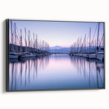 Framed canvas wall art featuring a serene harbor landscape design, showcasing calming blue tones and intricate details, ideal for enhancing any living space decor.