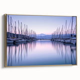 Framed canvas wall art collection showcasing a serene harbor landscape design with gold accents, viewed from the side to highlight its elegant profile and texture.