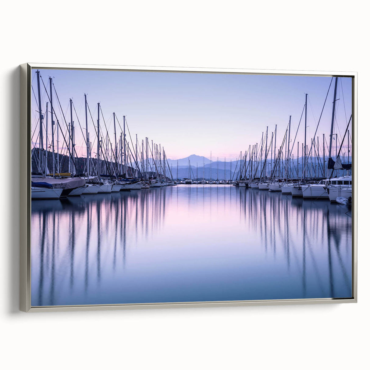 Framed canvas wall art collection showcasing a serene harbor landscape design, featuring silver framing and vibrant colors, ideal for home decor enhancement.