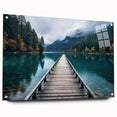 Acrylic glass wall art collection featuring a vibrant harbor landscape design, showcasing deep blue waters and colorful boats, elegantly displayed from a side view with visible mounting pins.