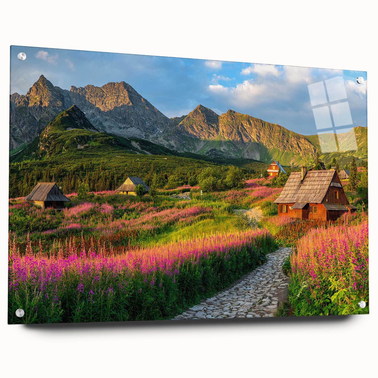 Acrylic glass wall art showcasing a vibrant harbor landscape design, displayed in a side view with decorative pins, ideal for modern home decor.