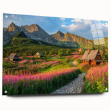 Acrylic glass wall art showcasing a vibrant harbor landscape design, displayed in a side view with decorative pins, ideal for modern home decor.