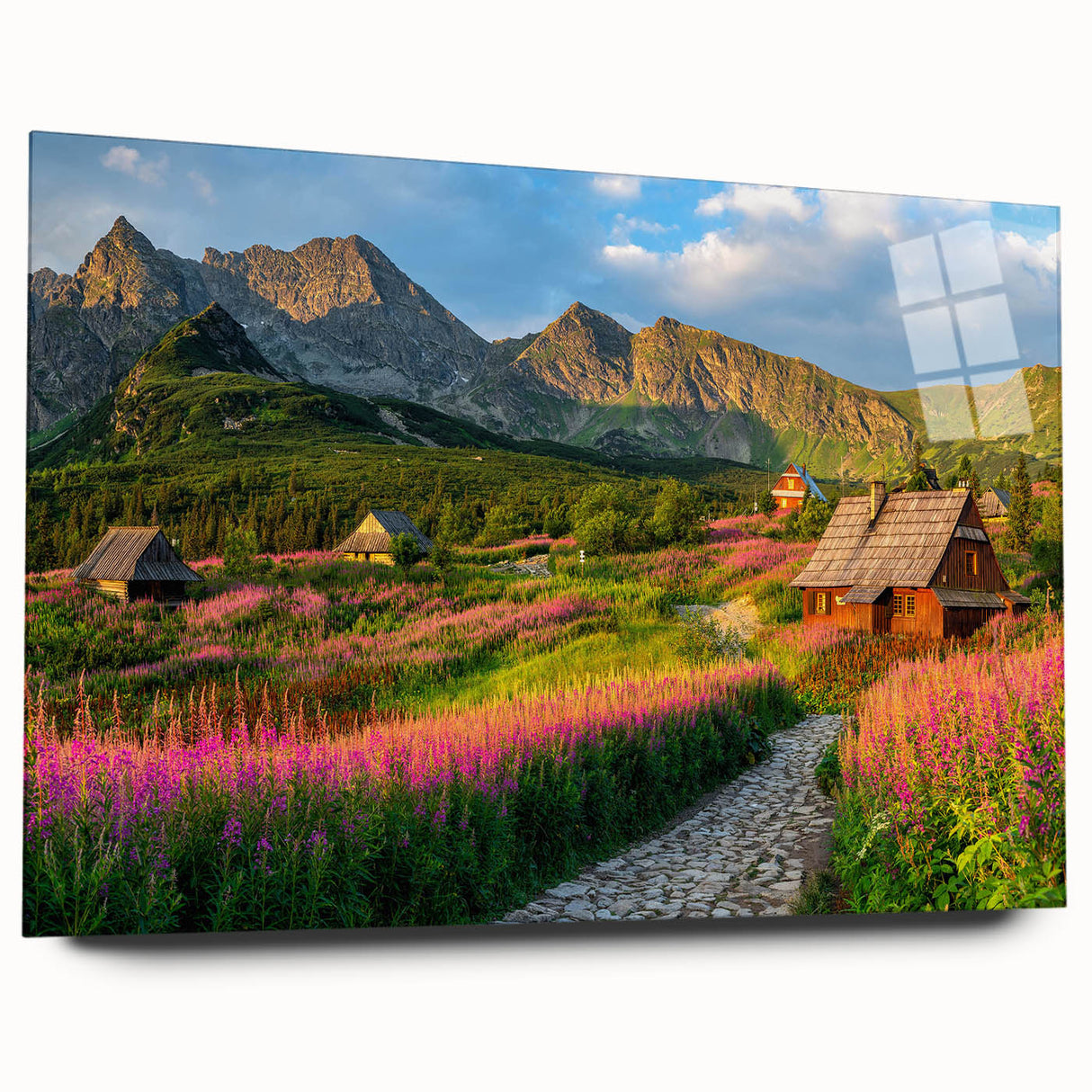 Side view of a modern acrylic glass wall art piece showcasing a vibrant harbor landscape design, elegantly framed and ready for display in contemporary interiors.